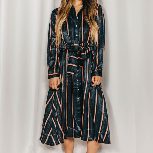 NEW // Multi Striped Button Down Midi Dress - Teal - Picture 2 of 6